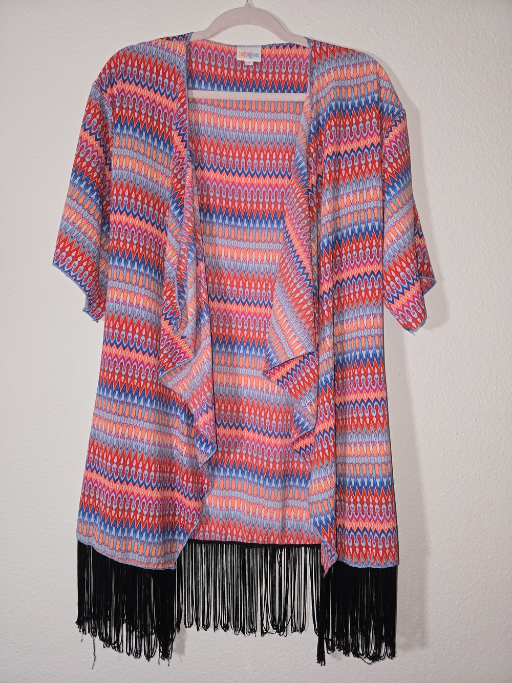 LuLaRoe Open Fringe Cardigan in Pink, Blue & Orange